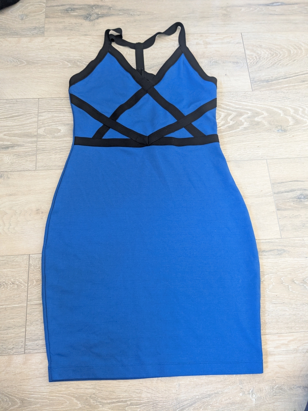 Y2K Bandage Blue Bodycon Dress with Black Strap Accents - Women L Nicki Manaj